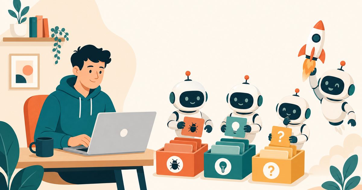 独立开发者在书桌前工作，三个 AI 机器人助手把反馈卡片分进 bug、想法、提问三个收纳盒的插画